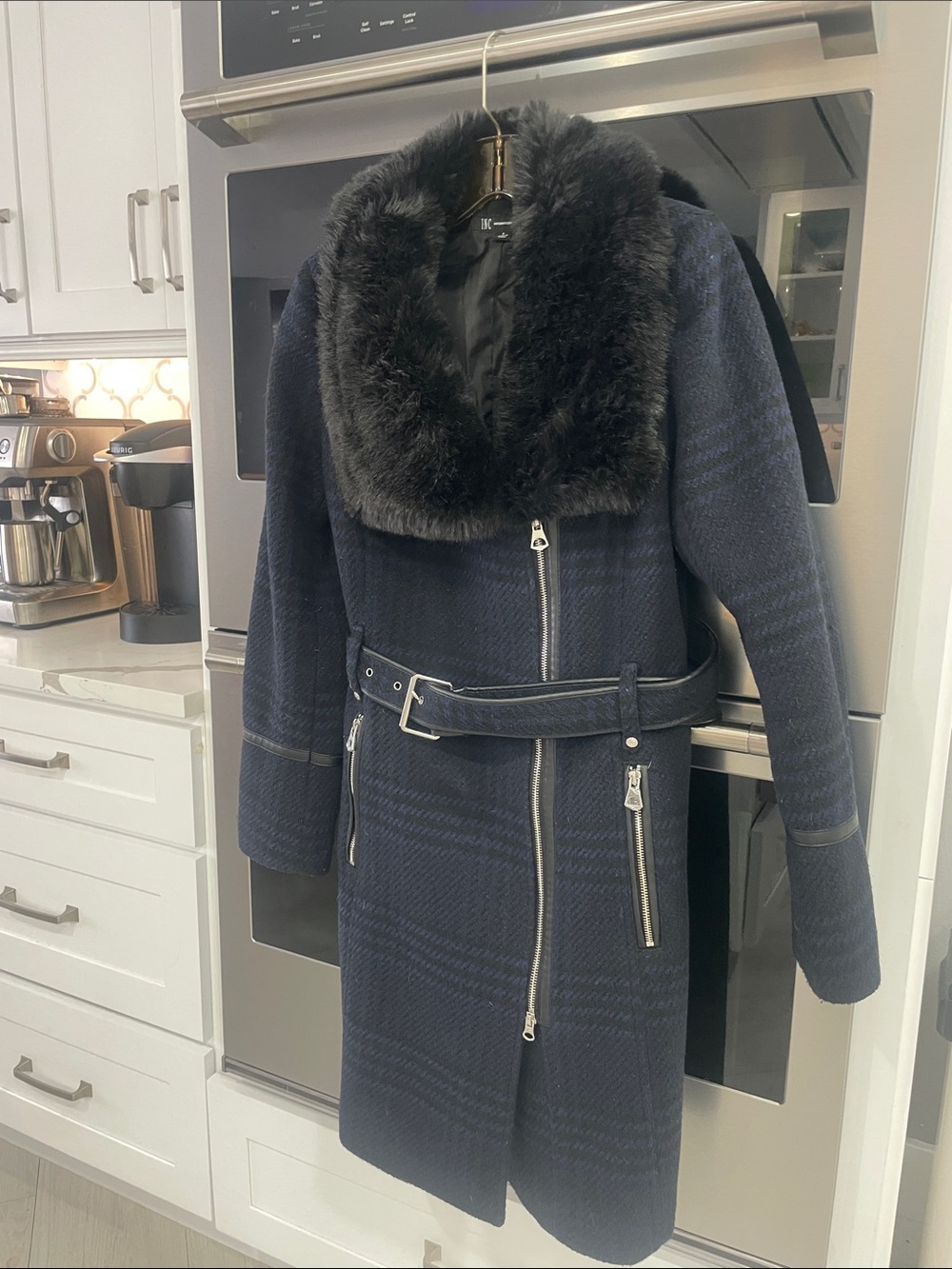 INC International Concepts Navy Trench Coat with Black Faux Fur Collar
